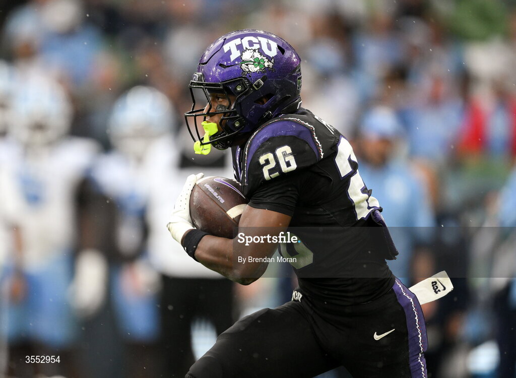 29 August 2026; TCU running back Jeremy Payne #26 during the 2026 Aer Lingus College Football Classic match between TCU and North Carolina at the Aviva Stadium in Dublin. Photo by Brendan Moran/Sportsfile