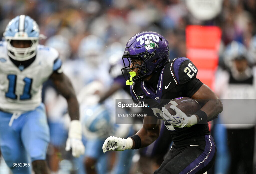 29 August 2026; TCU running back Jeremy Payne #26 during the 2026 Aer Lingus College Football Classic match between TCU and North Carolina at the Aviva Stadium in Dublin. Photo by Brendan Moran/Sportsfile