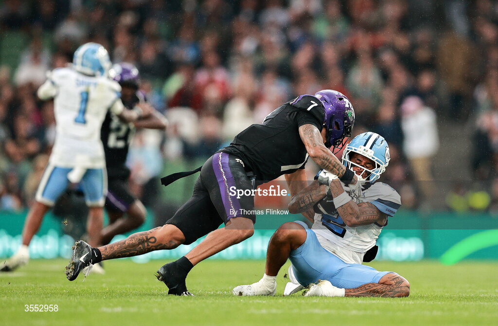 29 August 2026; North Carolina wide receiver Trech Kekahuna #2 in action against TCU safety Julius Simms #7during the 2026 Aer Lingus College Football Classic match between TCU and North Carolina at the Aviva Stadium in Dublin. Photo by Thomas Flinkow/Sportsfile