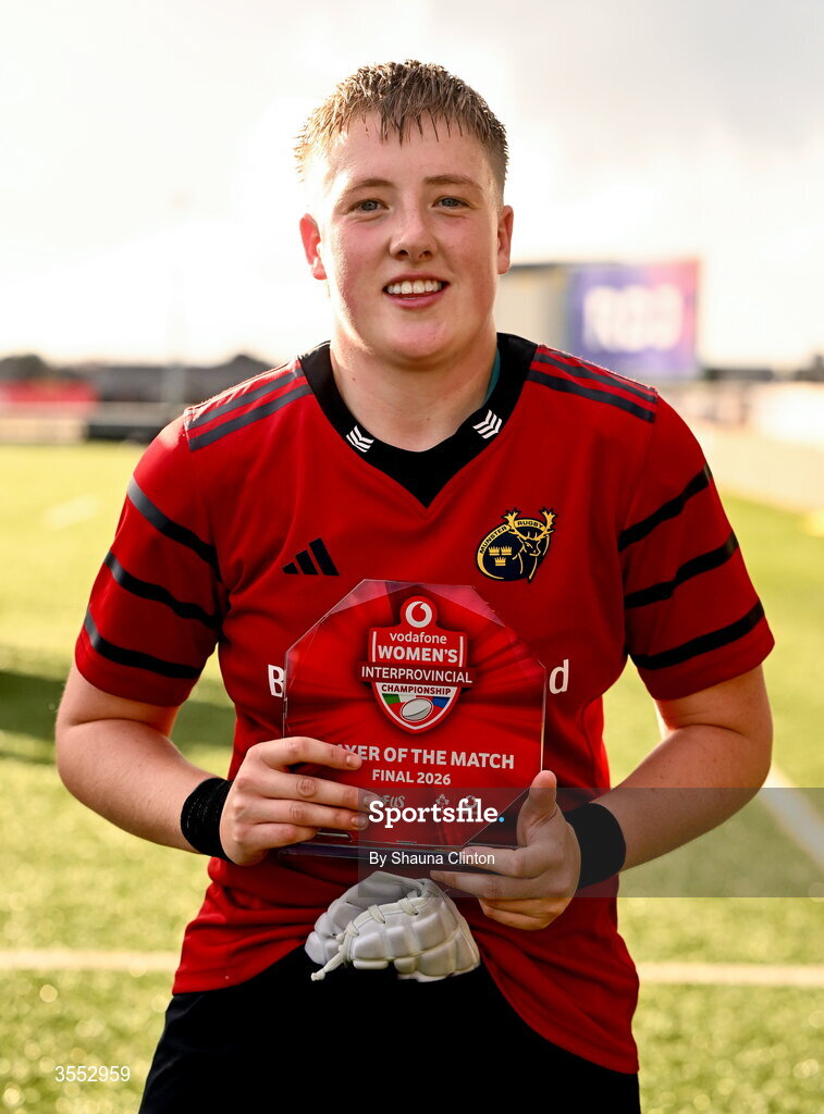 29 August 2026; Beth Buttimer of Munster is presented with the Vodafone Player of the Match award after the Vodafone Womens Interprovincial Championship final match between Munster and Leinster at Dexcom Stadium in Galway. Photo by Shauna Clinton/Sportsfile