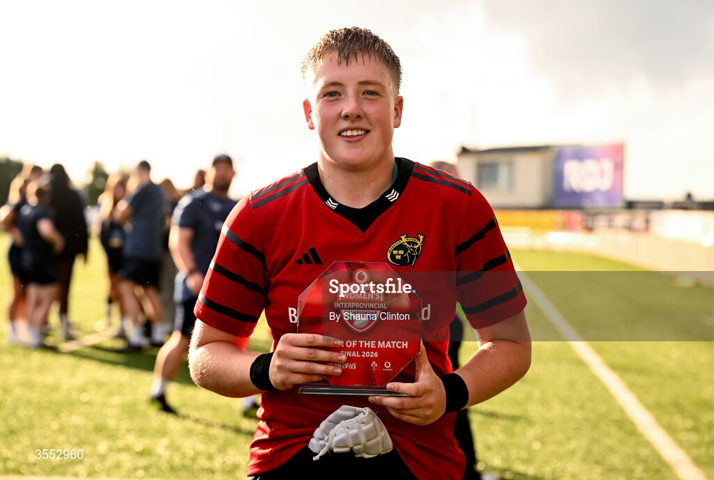 29 August 2026; Beth Buttimer of Munster is presented with the Vodafone Player of the Match award after the Vodafone Womens Interprovincial Championship final match between Munster and Leinster at Dexcom Stadium in Galway. Photo by Shauna Clinton/Sportsfile