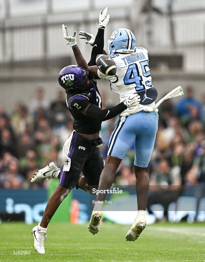 29 August 2026; TCU safety Jamel Johnson #2 in action against North Carolina tight end Jelani Thurman #45 during the 2026 Aer Lingus College Football Classic match between TCU and North Carolina at the Aviva Stadium in Dublin. Photo by Seb Daly/Sportsfile