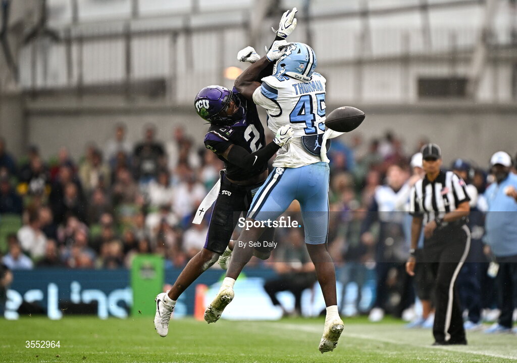 29 August 2026; TCU safety Jamel Johnson #2 in action against North Carolina tight end Jelani Thurman #45 during the 2026 Aer Lingus College Football Classic match between TCU and North Carolina at the Aviva Stadium in Dublin. Photo by Seb Daly/Sportsfile
