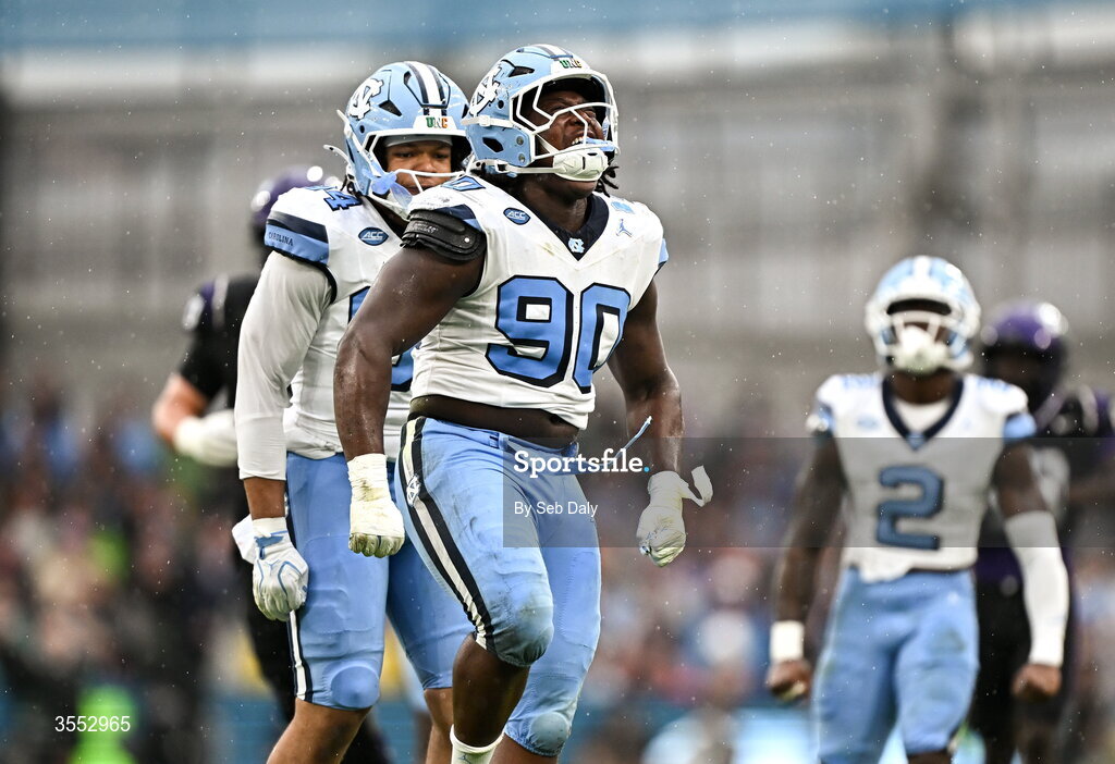 29 August 2026; North Carolina defensive lineman Xavier Lewis #90 celebrates a tackle during the 2026 Aer Lingus College Football Classic match between TCU and North Carolina at the Aviva Stadium in Dublin. Photo by Seb Daly/Sportsfile