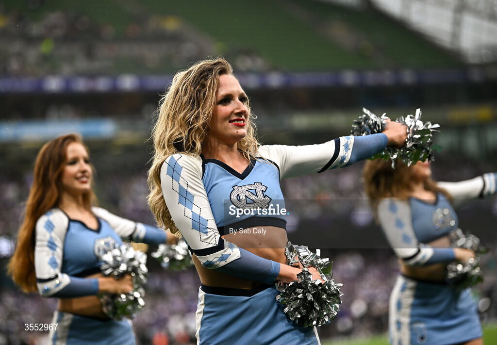 29 August 2026; North Carolina cheerleaders during the 2026 Aer Lingus College Football Classic match between TCU and North Carolina at the Aviva Stadium in Dublin. Photo by Seb Daly/Sportsfile