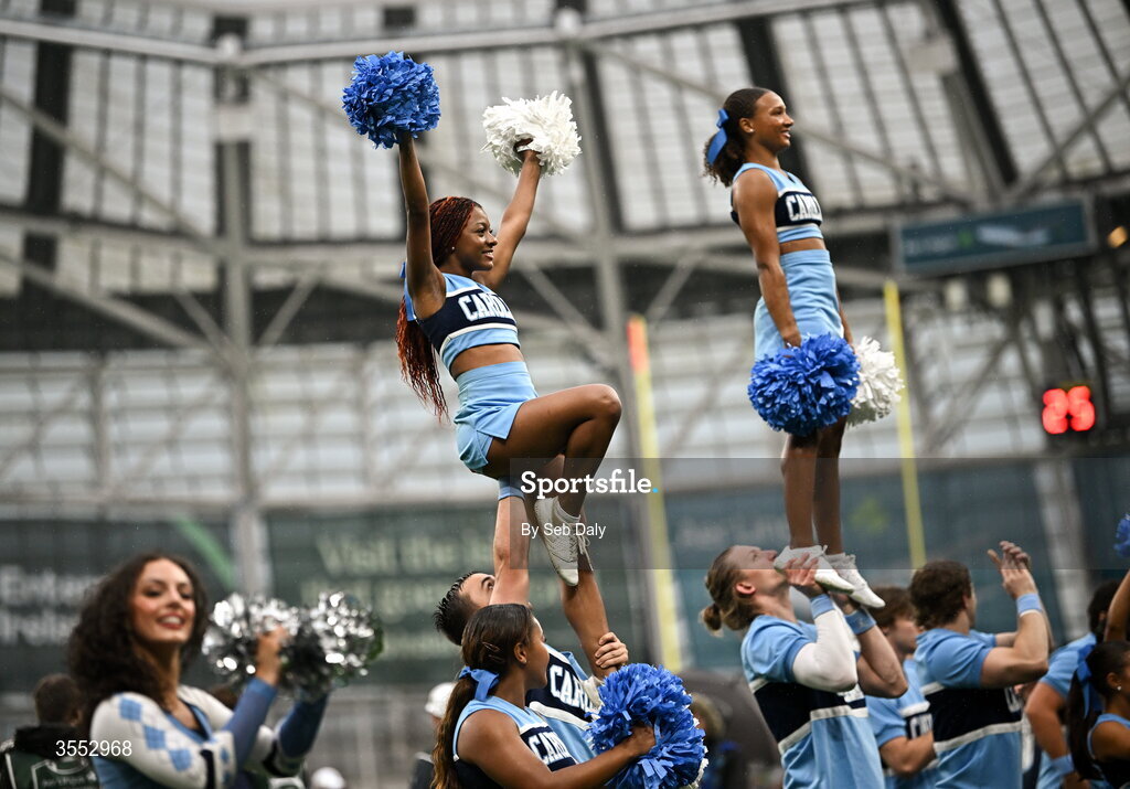 29 August 2026; North Carolina cheerleaders during the 2026 Aer Lingus College Football Classic match between TCU and North Carolina at the Aviva Stadium in Dublin. Photo by Seb Daly/Sportsfile