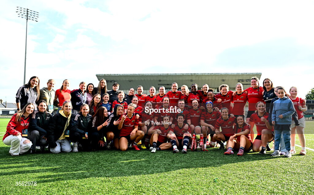 29 August 2026; The Munster players celebrate with the trophy after the Vodafone Womens Interprovincial Championship final match between Munster and Leinster at Dexcom Stadium in Galway. Photo by Tyler Miller/Sportsfile