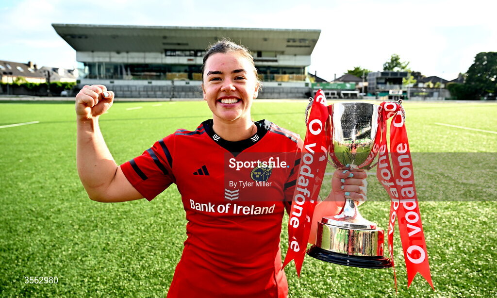 29 August 2026; Munster captain Maeve Óg O’Leary celebrates with the trophy after the Vodafone Womens Interprovincial Championship final match between Munster and Leinster at Dexcom Stadium in Galway. Photo by Tyler Miller/Sportsfile