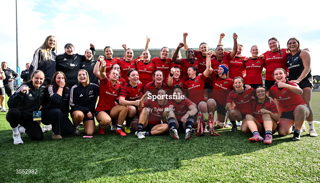 29 August 2026; The Munster team celebrate with the trophy after the Vodafone Womens Interprovincial Championship final match between Munster and Leinster at Dexcom Stadium in Galway. Photo by Tyler Miller/Sportsfile