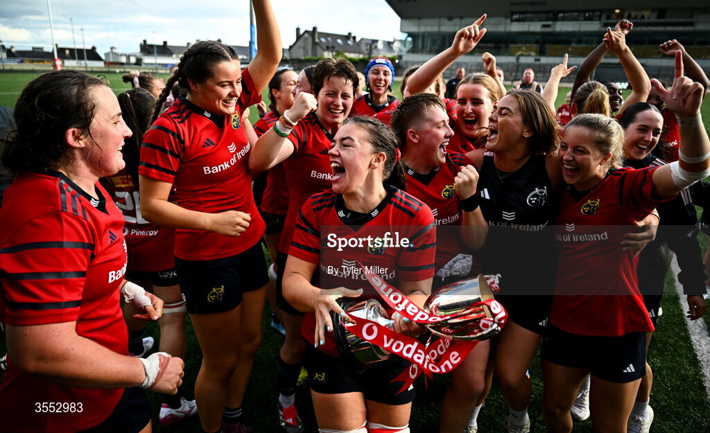 29 August 2026; Maeve Óg O’Leary, centre, and teammates celebrate with the trophy after the Vodafone Womens Interprovincial Championship final match between Munster and Leinster at Dexcom Stadium in Galway. Photo by Tyler Miller/Sportsfile