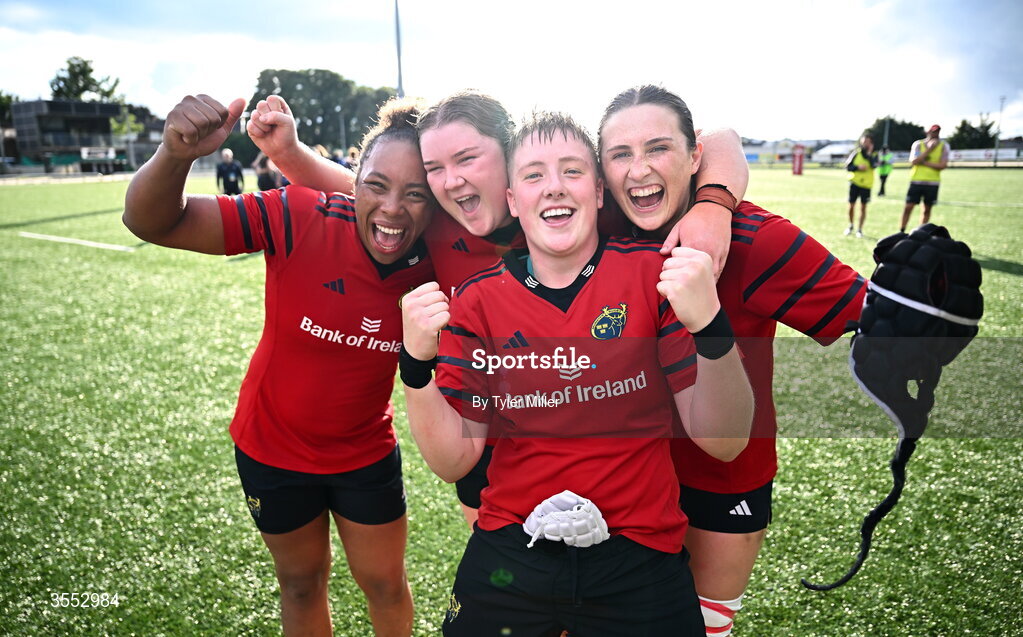 29 August 2026; Munster players, from left, Grace Moore, Eilís Cahill, Beth Buttimer and Aoibhe O’Flynn celebrate after the Vodafone Womens Interprovincial Championship final match between Munster and Leinster at Dexcom Stadium in Galway. Photo by Tyler Miller/Sportsfile