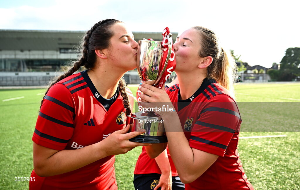 29 August 2026; Katie Corrigan, left, and Aoife Corey of Munster celebrate with the trophy after the Vodafone Womens Interprovincial Championship final match between Munster and Leinster at Dexcom Stadium in Galway. Photo by Tyler Miller/Sportsfile