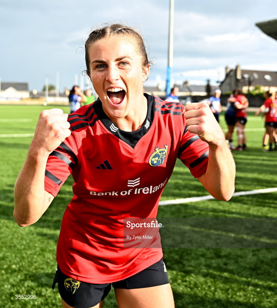 29 August 2026; Emily Lane of Munster celebrates after the Vodafone Womens Interprovincial Championship final match between Munster and Leinster at Dexcom Stadium in Galway. Photo by Tyler Miller/Sportsfile