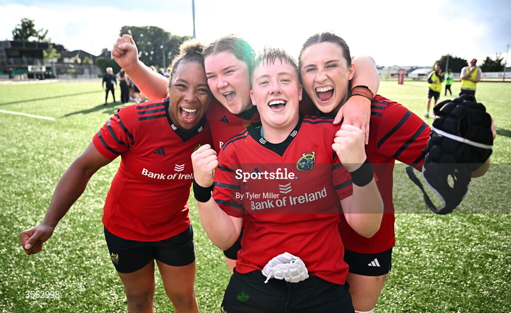 29 August 2026; Munster players, from left, Grace Moore, Eilís Cahill, Beth Buttimer and Aoibhe O’Flynn celebrate after the Vodafone Womens Interprovincial Championship final match between Munster and Leinster at Dexcom Stadium in Galway. Photo by Tyler Miller/Sportsfile