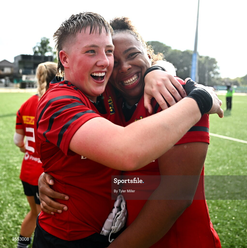 29 August 2026; Beth Buttimer, left, and Grace Moore of Munster celebrate after the Vodafone Womens Interprovincial Championship final match between Munster and Leinster at Dexcom Stadium in Galway. Photo by Tyler Miller/Sportsfile