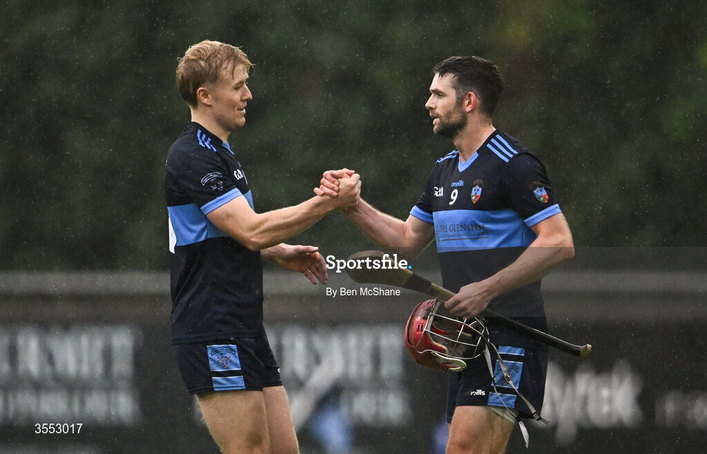29 August 2026; Diarmaid McLoughlin, left, and Joe McManus of St Jude's celebrate after the PTSB Dublin Senior Club Hurling Championships Round 4 match between Ballyboden St Enda's and St Jude's at Parnell Park in Dublin. Photo by Ben McShane/Sportsfile