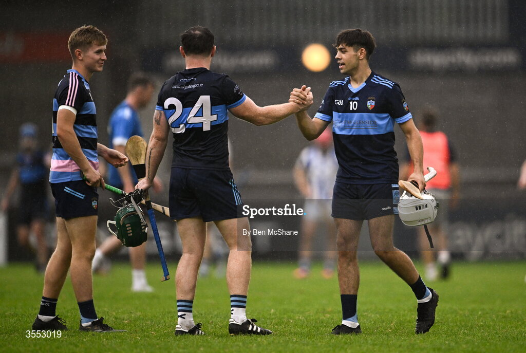 29 August 2026; Matthew Hade, right, and Mark Maguire of St Jude's celebrate after the PTSB Dublin Senior Club Hurling Championships Round 4 match between Ballyboden St Enda's and St Jude's at Parnell Park in Dublin. Photo by Ben McShane/Sportsfile