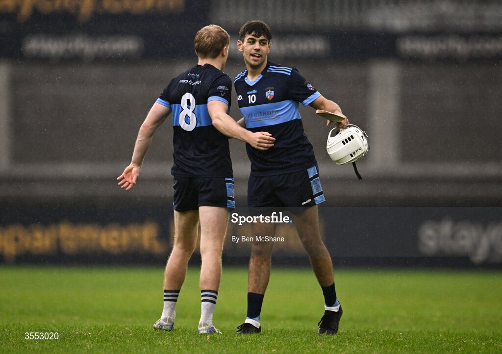 29 August 2026; Matthew Hade, right, and Diarmaid McLoughlin of St Jude's celebrate after the PTSB Dublin Senior Club Hurling Championships Round 4 match between Ballyboden St Enda's and St Jude's at Parnell Park in Dublin. Photo by Ben McShane/Sportsfile