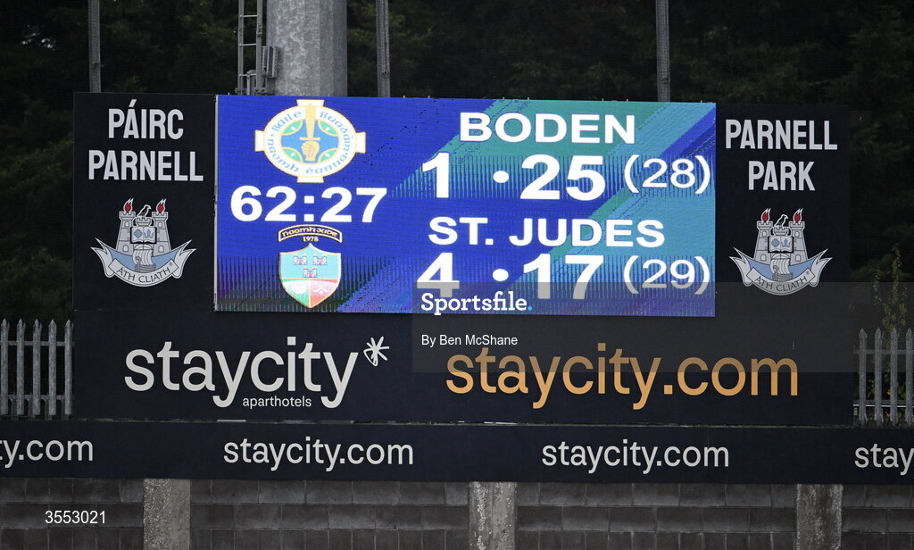 29 August 2026; A view of the scoreboard after the PTSB Dublin Senior Club Hurling Championships Round 4 match between Ballyboden St Enda's and St Jude's at Parnell Park in Dublin. Photo by Ben McShane/Sportsfile