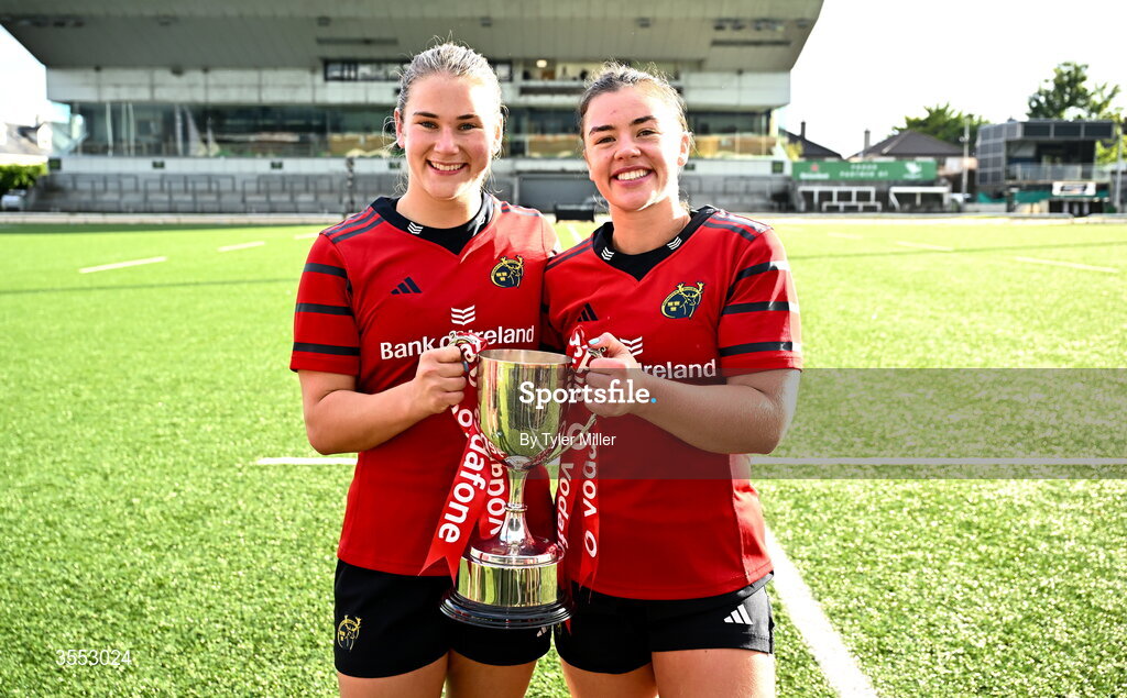 29 August 2026; Aoife Corey, left, and Maeve Óg O’Leary celebrate with the trophy after the Vodafone Womens Interprovincial Championship final match between Munster and Leinster at Dexcom Stadium in Galway. Photo by Tyler Miller/Sportsfile