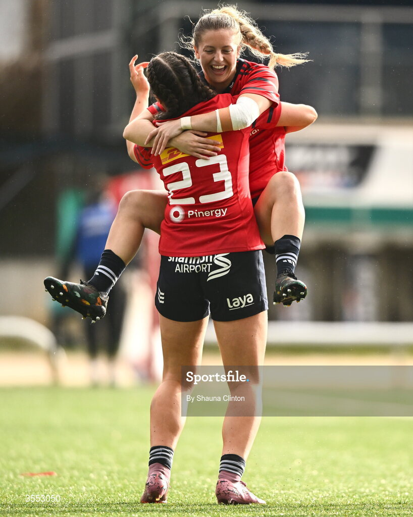 29 August 2026; Munster players Katie Corrigan, left, and Abbie Salter-Townshend celebrate after their side's victory in the Vodafone Womens Interprovincial Championship final match between Munster and Leinster at Dexcom Stadium in Galway. Photo by Shauna Clinton/Sportsfile