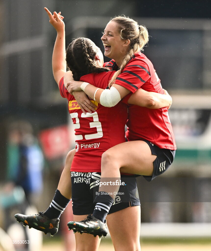 29 August 2026; Munster players Katie Corrigan, left, and Abbie Salter-Townshend celebrate after their side's victory in the Vodafone Womens Interprovincial Championship final match between Munster and Leinster at Dexcom Stadium in Galway. Photo by Shauna Clinton/Sportsfile