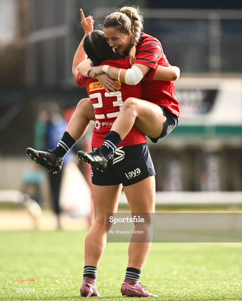 29 August 2026; Munster players Katie Corrigan, left, and Abbie Salter-Townshend celebrate after their side's victory in the Vodafone Womens Interprovincial Championship final match between Munster and Leinster at Dexcom Stadium in Galway. Photo by Shauna Clinton/Sportsfile