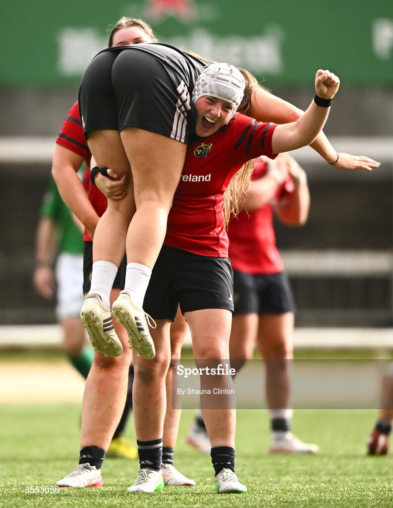 29 August 2026; Beth Buttimer of Munster celebrates with team-mate Jane Clohessy after the Vodafone Womens Interprovincial Championship final match between Munster and Leinster at Dexcom Stadium in Galway. Photo by Shauna Clinton/Sportsfile