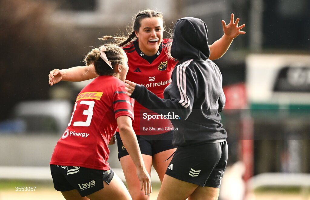 29 August 2026; Munster players Lucia Linn, left, and Katie Corrigan celebrate after the Vodafone Womens Interprovincial Championship final match between Munster and Leinster at Dexcom Stadium in Galway. Photo by Shauna Clinton/Sportsfile