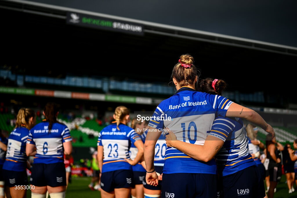 29 August 2026; Leinster players Dannah O'Brien, left, and Katie Whelan after their side's defeat in the Vodafone Womens Interprovincial Championship final match between Munster and Leinster at Dexcom Stadium in Galway. Photo by Shauna Clinton/Sportsfile