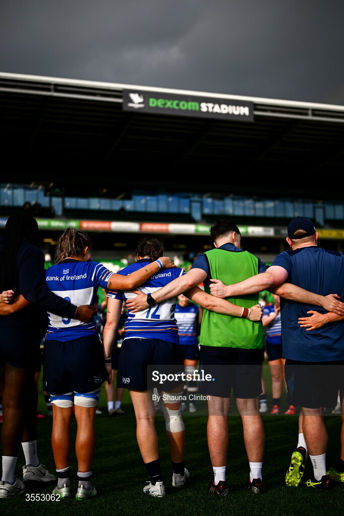 29 August 2026; Leinster players after their side's defeat in the Vodafone Womens Interprovincial Championship final match between Munster and Leinster at Dexcom Stadium in Galway. Photo by Shauna Clinton/Sportsfile