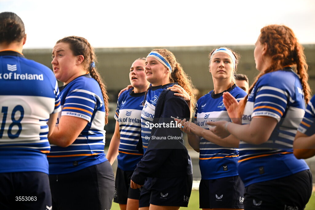 29 August 2026; Leinster players after the Vodafone Womens Interprovincial Championship final match between Munster and Leinster at Dexcom Stadium in Galway. Photo by Shauna Clinton/Sportsfile