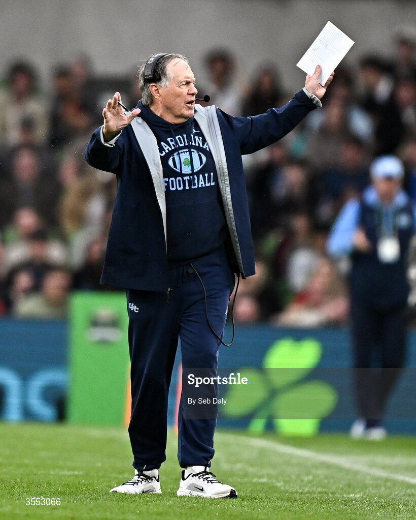29 August 2026; North Carolina Head Coach Bill Belichick during the 2026 Aer Lingus College Football Classic match between TCU and North Carolina at the Aviva Stadium in Dublin. Photo by Seb Daly/Sportsfile