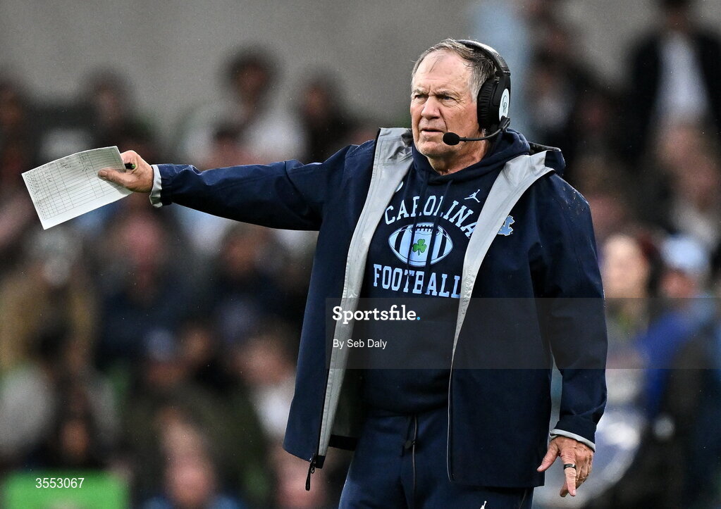 29 August 2026; North Carolina Head Coach Bill Belichick during the 2026 Aer Lingus College Football Classic match between TCU and North Carolina at the Aviva Stadium in Dublin. Photo by Seb Daly/Sportsfile