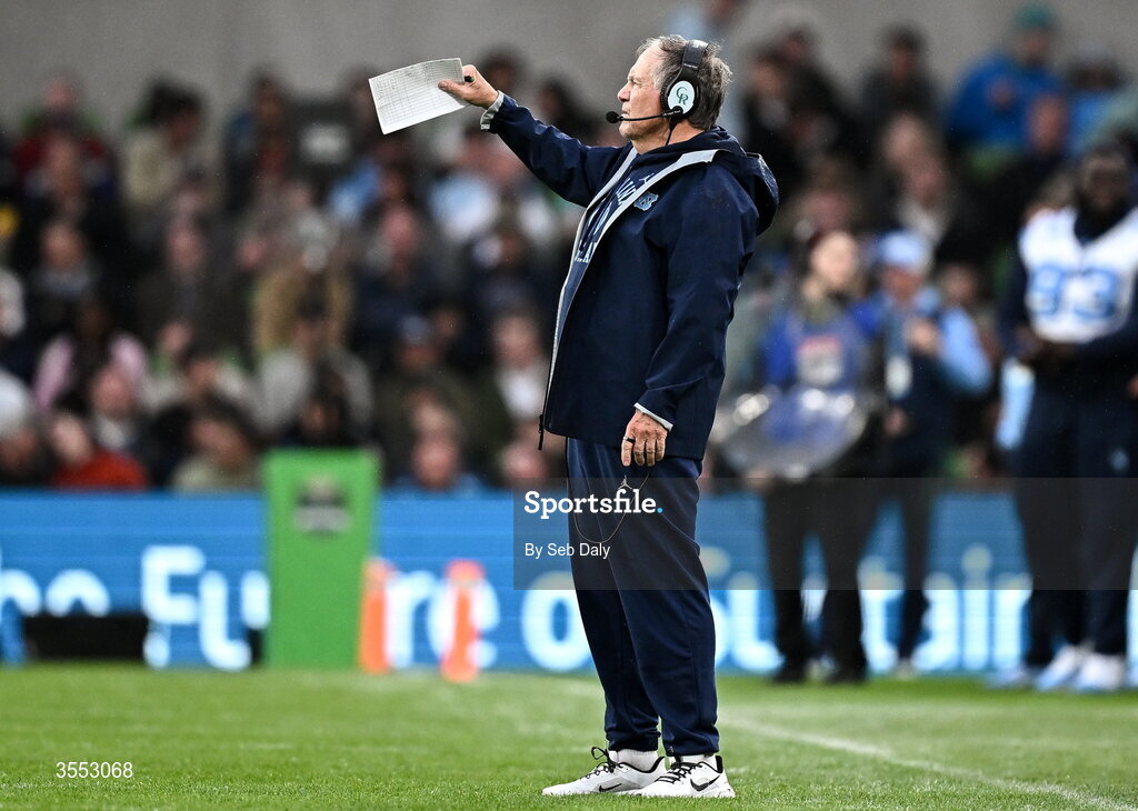 29 August 2026; North Carolina Head Coach Bill Belichick during the 2026 Aer Lingus College Football Classic match between TCU and North Carolina at the Aviva Stadium in Dublin. Photo by Seb Daly/Sportsfile