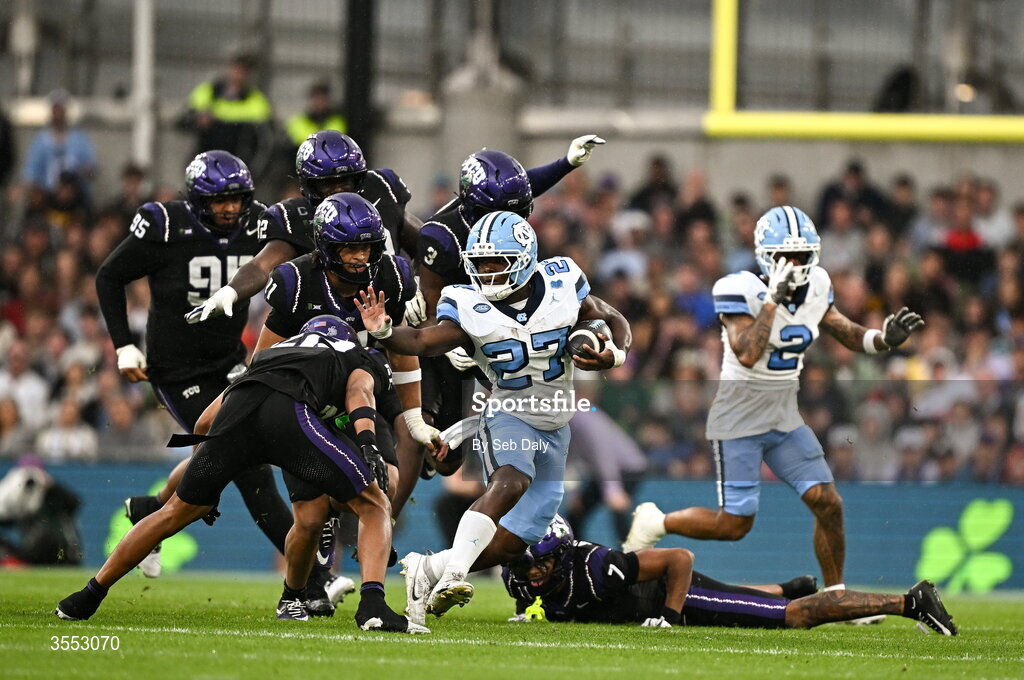 29 August 2026; North Carolina running back Jaylen McGill #27 makes a break during the 2026 Aer Lingus College Football Classic match between TCU and North Carolina at the Aviva Stadium in Dublin. Photo by Seb Daly/Sportsfile