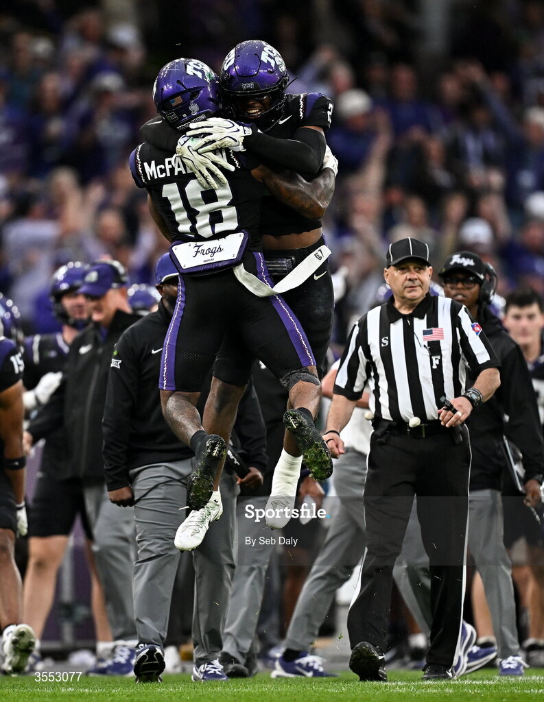 29 August 2026; TCU safety Jamel Johnson #2 celebrates with teammate TCU safety Kaden McFadden #18 during the 2026 Aer Lingus College Football Classic match between TCU and North Carolina at the Aviva Stadium in Dublin. Photo by Seb Daly/Sportsfile