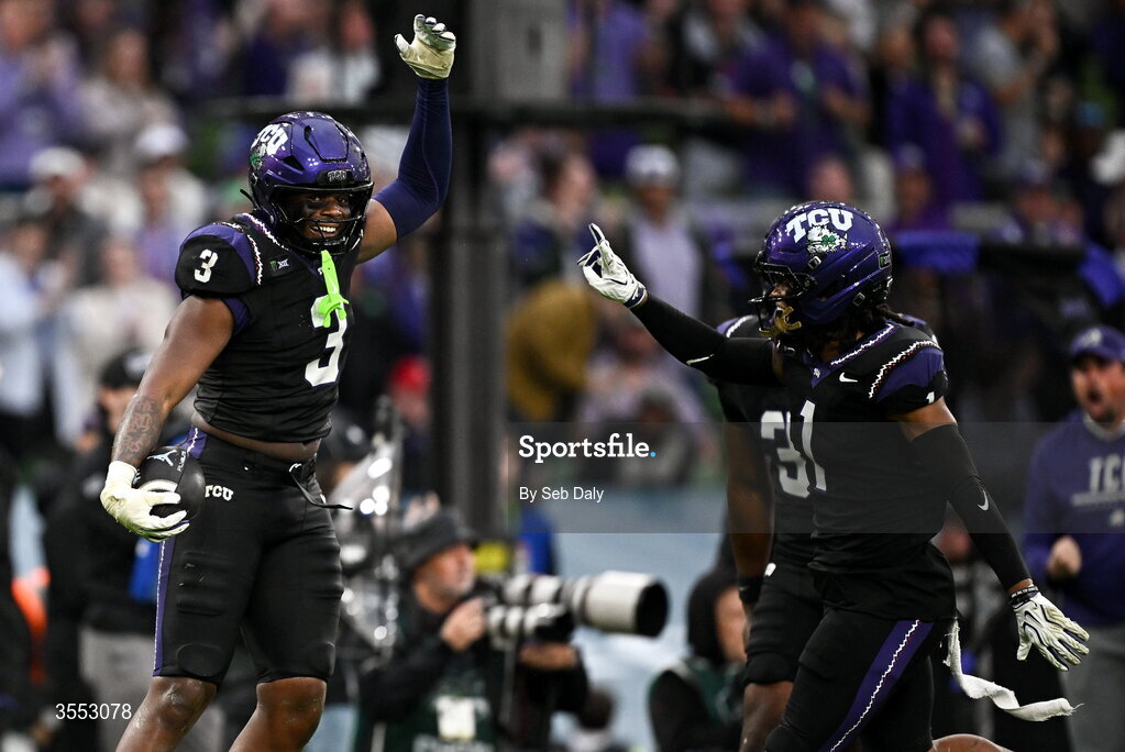 29 August 2026; TCU linebacker Max Carroll #3 celebrates during the 2026 Aer Lingus College Football Classic match between TCU and North Carolina at the Aviva Stadium in Dublin. Photo by Seb Daly/Sportsfile