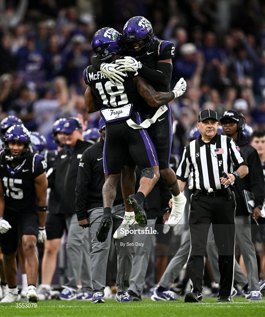 29 August 2026; TCU safety Jamel Johnson #2 celebrates with teammate TCU safety Kaden McFadden #18 during the 2026 Aer Lingus College Football Classic match between TCU and North Carolina at the Aviva Stadium in Dublin. Photo by Seb Daly/Sportsfile
