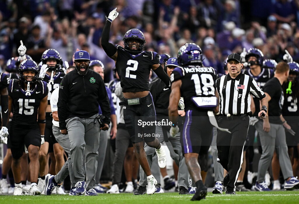 29 August 2026; TCU safety Jamel Johnson #2 celebrates with teammate TCU safety Kaden McFadden #18 during the 2026 Aer Lingus College Football Classic match between TCU and North Carolina at the Aviva Stadium in Dublin. Photo by Seb Daly/Sportsfile