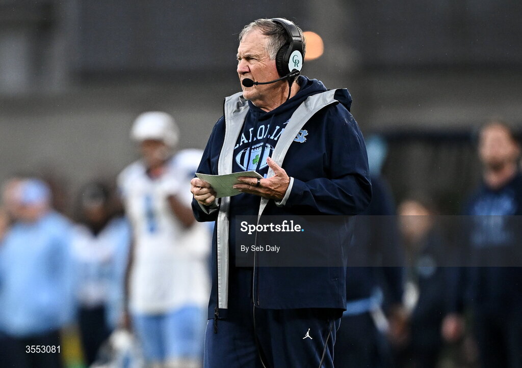 29 August 2026; North Carolina Head Coach Bill Belichick during the 2026 Aer Lingus College Football Classic match between TCU and North Carolina at the Aviva Stadium in Dublin. Photo by Seb Daly/Sportsfile