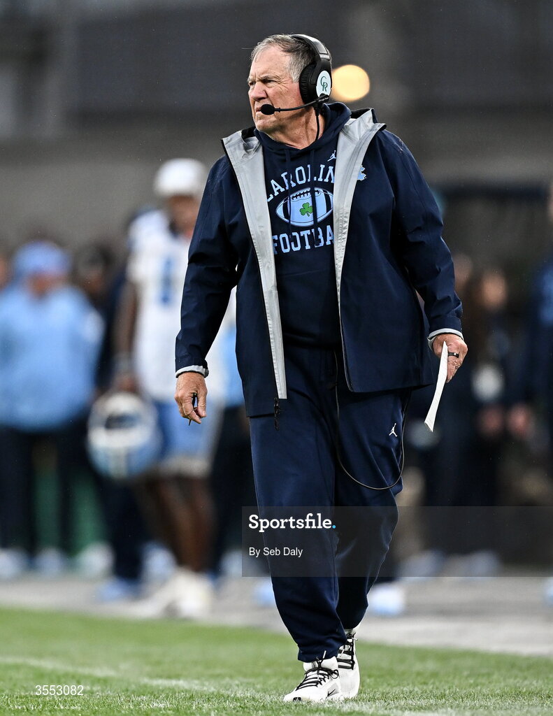 29 August 2026; North Carolina Head Coach Bill Belichick during the 2026 Aer Lingus College Football Classic match between TCU and North Carolina at the Aviva Stadium in Dublin. Photo by Seb Daly/Sportsfile