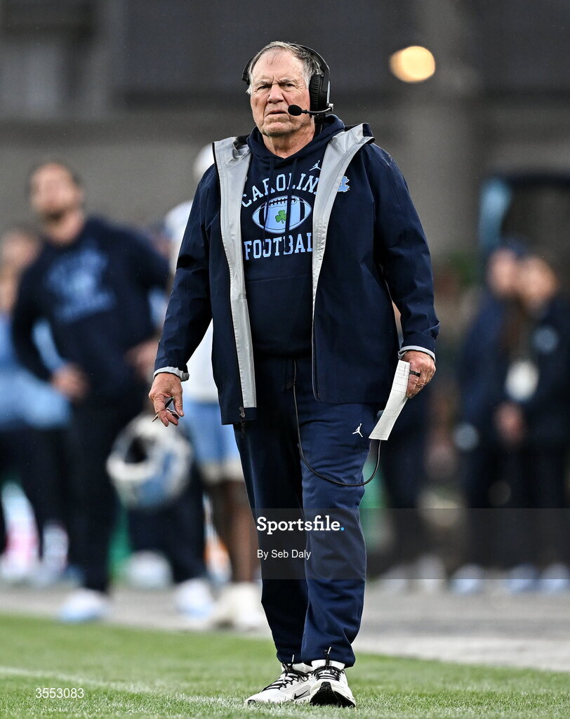 29 August 2026; North Carolina Head Coach Bill Belichick during the 2026 Aer Lingus College Football Classic match between TCU and North Carolina at the Aviva Stadium in Dublin. Photo by Seb Daly/Sportsfile