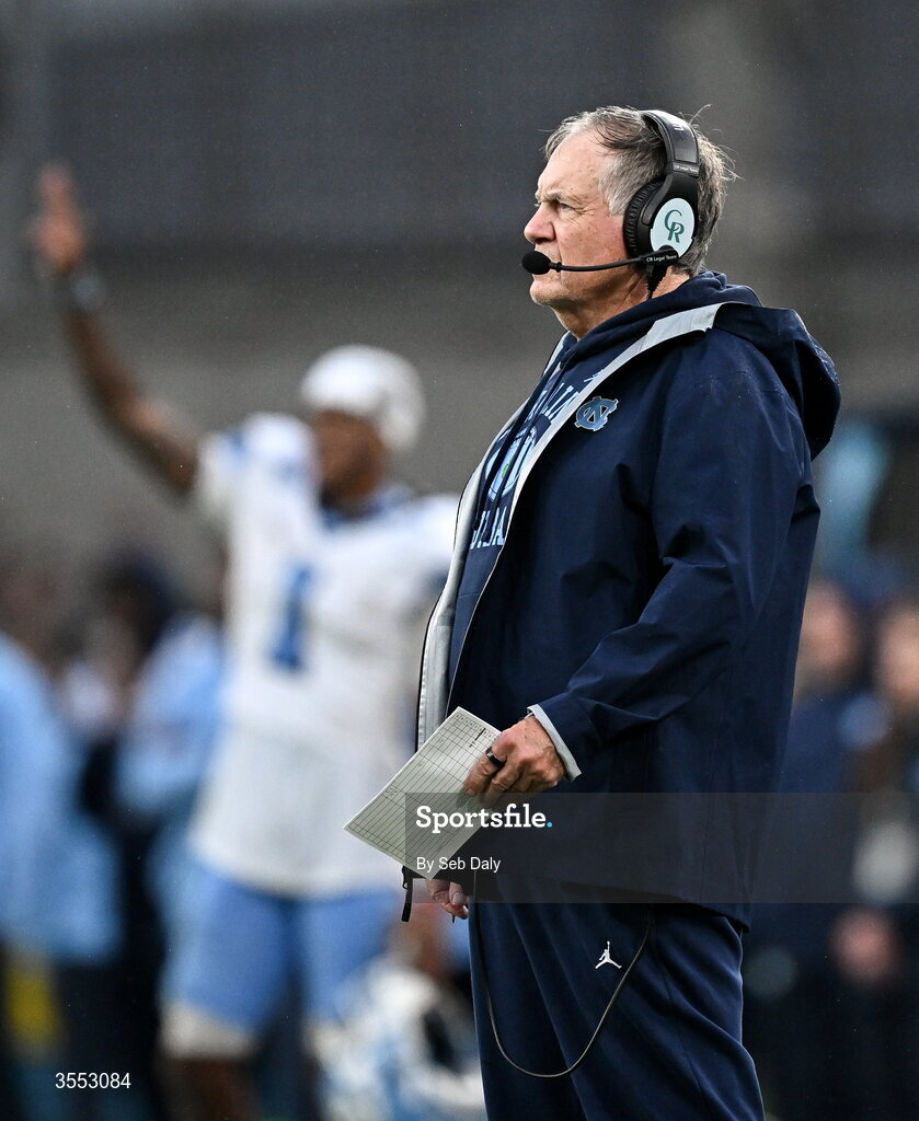 29 August 2026; North Carolina Head Coach Bill Belichick during the 2026 Aer Lingus College Football Classic match between TCU and North Carolina at the Aviva Stadium in Dublin. Photo by Seb Daly/Sportsfile