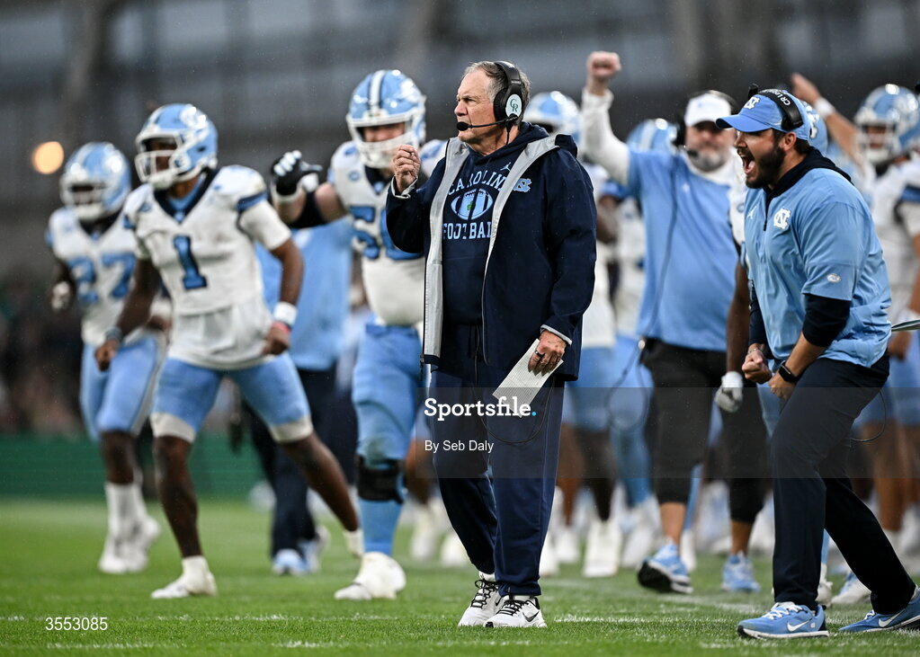 29 August 2026; North Carolina Head Coach Bill Belichick during the 2026 Aer Lingus College Football Classic match between TCU and North Carolina at the Aviva Stadium in Dublin. Photo by Seb Daly/Sportsfile