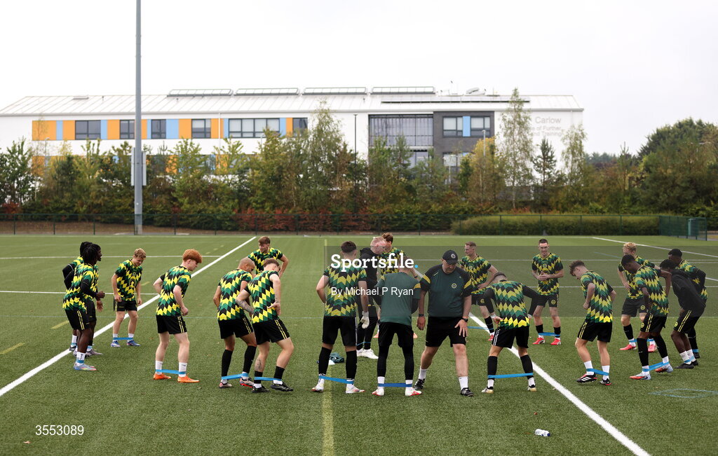 29 August 2026; CK United players warm up before the FAI National League Group 3 match between CK United and Newbridge Town at SETU Sports Complex in Carlow. Photo by Michael P Ryan/Sportsfile