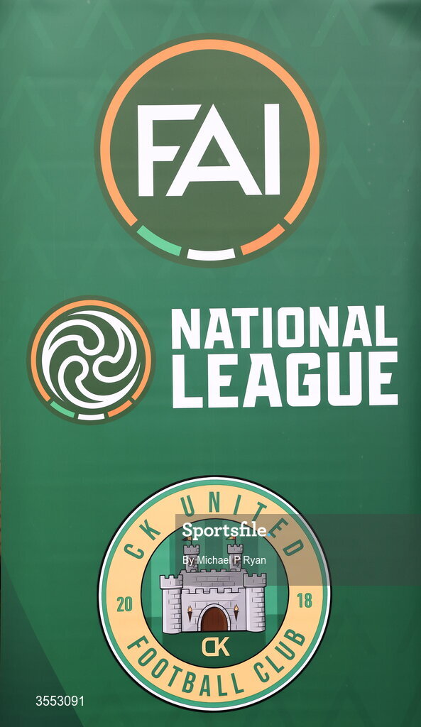 29 August 2026; FAI National League branding is seen before the FAI National League Group 3 match between CK United and Newbridge Town at SETU Sports Complex in Carlow. Photo by Michael P Ryan/Sportsfile