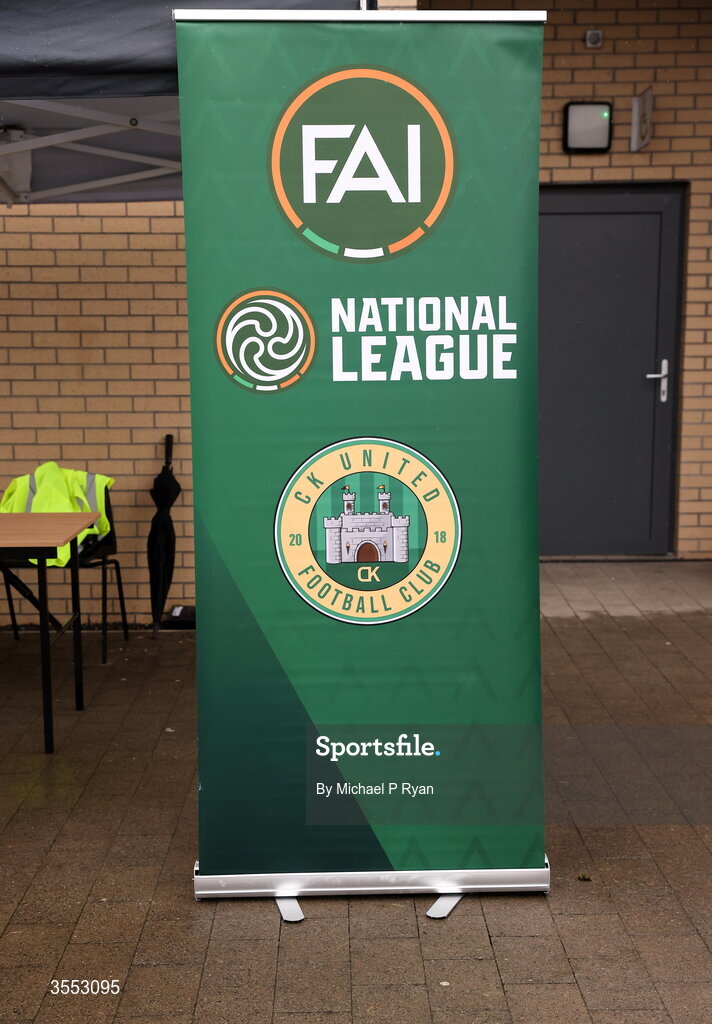 29 August 2026; FAI National League branding is seen before the FAI National League Group 3 match between CK United and Newbridge Town at SETU Sports Complex in Carlow. Photo by Michael P Ryan/Sportsfile