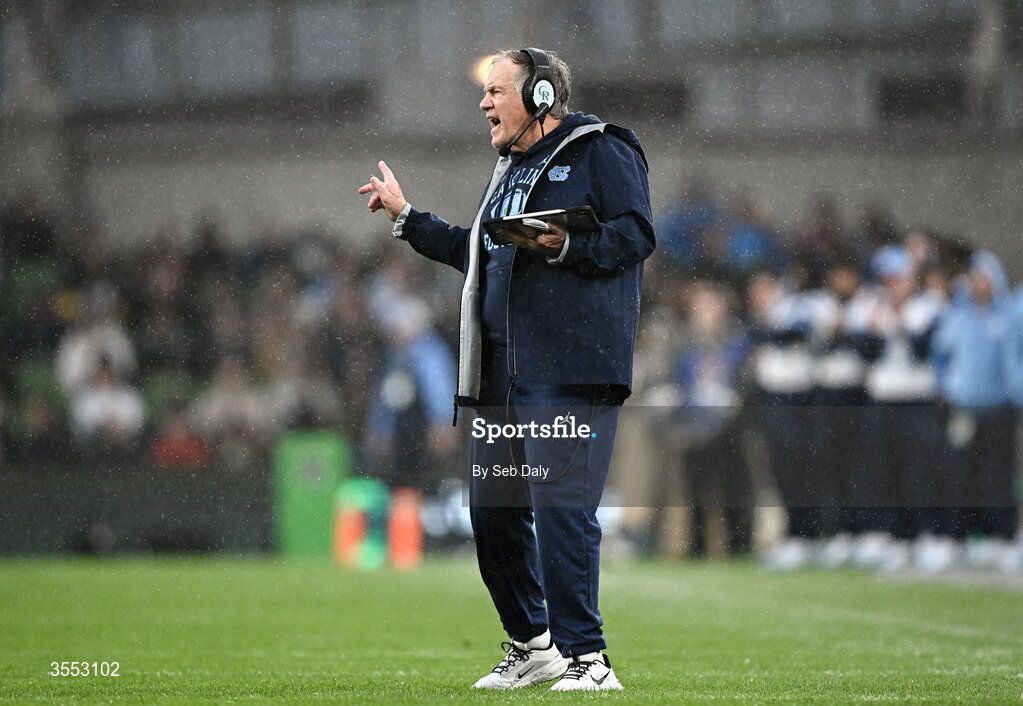 29 August 2026; North Carolina Head Coach Bill Belichick during the 2026 Aer Lingus College Football Classic match between TCU and North Carolina at the Aviva Stadium in Dublin. Photo by Seb Daly/Sportsfile