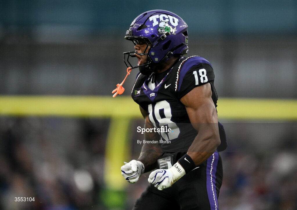 29 August 2026; TCU safety Kaden McFadden #18 celebrates a turnover during the 2026 Aer Lingus College Football Classic match between TCU and North Carolina at the Aviva Stadium in Dublin. Photo by Brendan Moran/Sportsfile